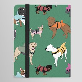 Dog Sharks (dogs in shark life-jackets) on green iPad Folio Case