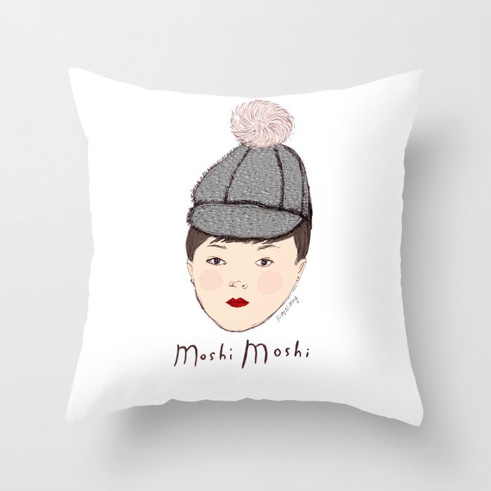 Moshi Moshi - White and Pink Throw Pillow