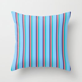 [ Thumbnail: Dark Turquoise, Light Coral, Dark Slate Blue, Light Sky Blue & White Colored Pattern of Stripes Throw Pillow ]