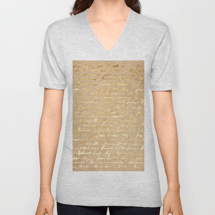 Vintage old paper texture with golden ink handwriting letter. Poems background, scrapbooking victorian style page, hand drawn vintage illustration.  V Neck T Shirt