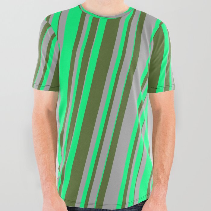 Dark Grey, Green & Dark Olive Green Colored Lines/Stripes Pattern All Over Graphic Tee