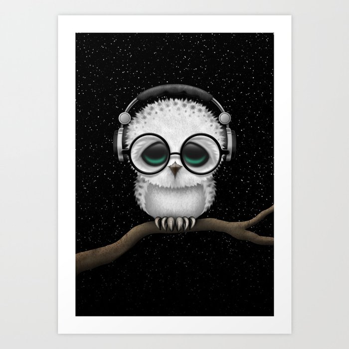 Cute Baby Owl Dj With Headphones And Glasses Art Print By