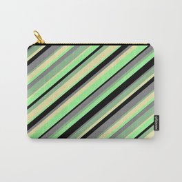 [ Thumbnail: Eye-catching Dark Sea Green, Pale Goldenrod, Green, Black, and Gray Colored Stripes Pattern Carry-All Pouch ]