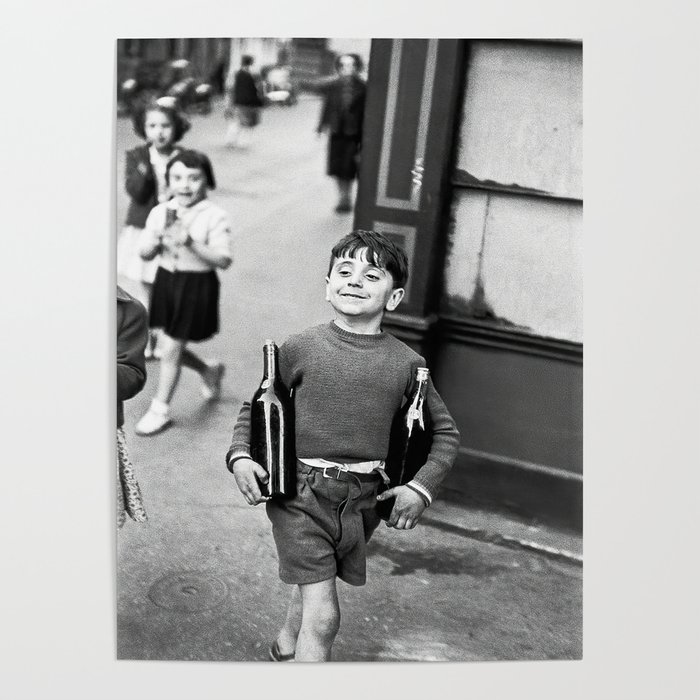 Little Boy and Bottles of Wine, Black and White Vintage Art Poster