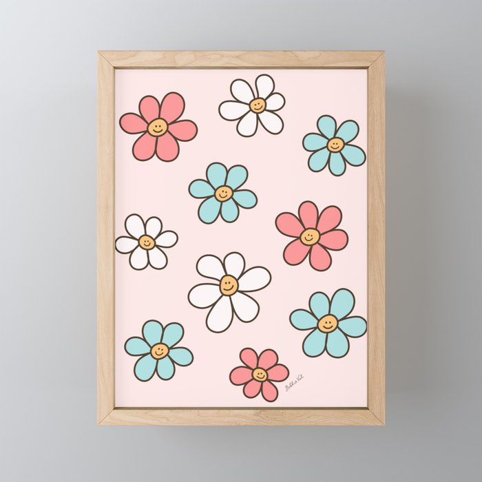 Happy Daisy Pattern, Cute and Fun Smiling Colorful Daisies Framed Mini Art Print