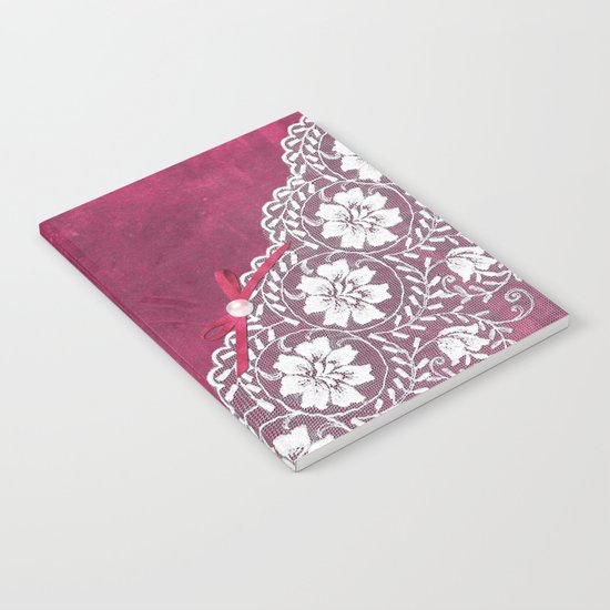 Claire´s treasure - White beautiful lace and pearl on pink grunge backround Notebook