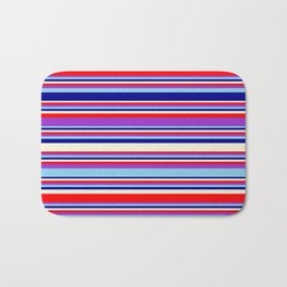 [ Thumbnail: Eye-catching Beige, Red, Dark Orchid, Sky Blue, and Dark Blue Colored Stripes/Lines Pattern Bath Mat ]