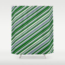 [ Thumbnail: Slate Gray, Dark Green & Light Gray Colored Striped/Lined Pattern Shower Curtain ]