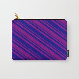 [ Thumbnail: Purple & Dark Blue Colored Pattern of Stripes Carry-All Pouch ]