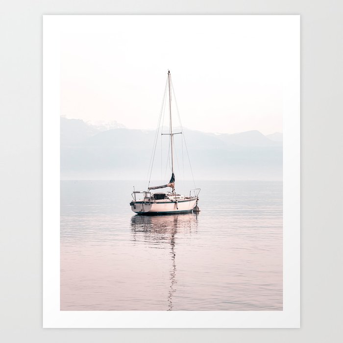 Boat Mountain Lake Pastel Art Print