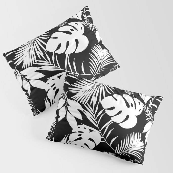 Tropical Monstera And Palm Leaves Black N White Pillow Sham
