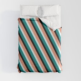 [ Thumbnail: Dark Salmon, Light Cyan, Teal & Black Colored Lined/Striped Pattern Duvet Cover ]