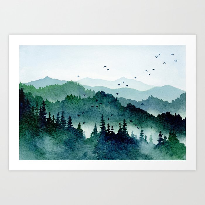 Watercolor Mountains - Handpainted Landscape Art Pine Trees Forest Wanderlust Art Print