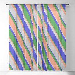 [ Thumbnail: Green, Coral, Grey, and Blue Colored Striped Pattern Sheer Curtain ]