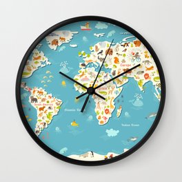 Animals world map. Beautiful cheerful colorful vector illustration for children and kids Wall Clock