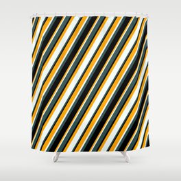[ Thumbnail: Orange, Mint Cream, Dark Slate Gray, and Black Colored Lined/Striped Pattern Shower Curtain ]