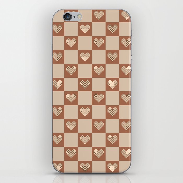 Stitched Hearts on Checker (Brown + Tan) iPhone Skin
