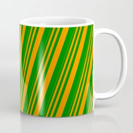 [ Thumbnail: Dark Orange & Green Colored Stripes Pattern Coffee Mug ]