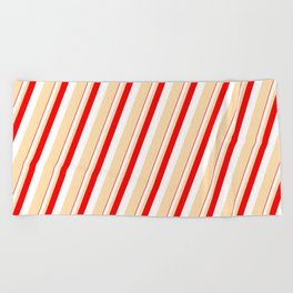 [ Thumbnail: Red, White, and Tan Colored Lines/Stripes Pattern Beach Towel ]