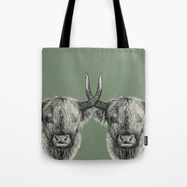 Scottish Highland Cows, pen and ink illustration, grassy green Tote Bag