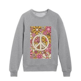 Peace and Flowers Pink and Mustard Groovy Retro 60s 70s Floral Pattern with Peace Sign Kids Crewneck