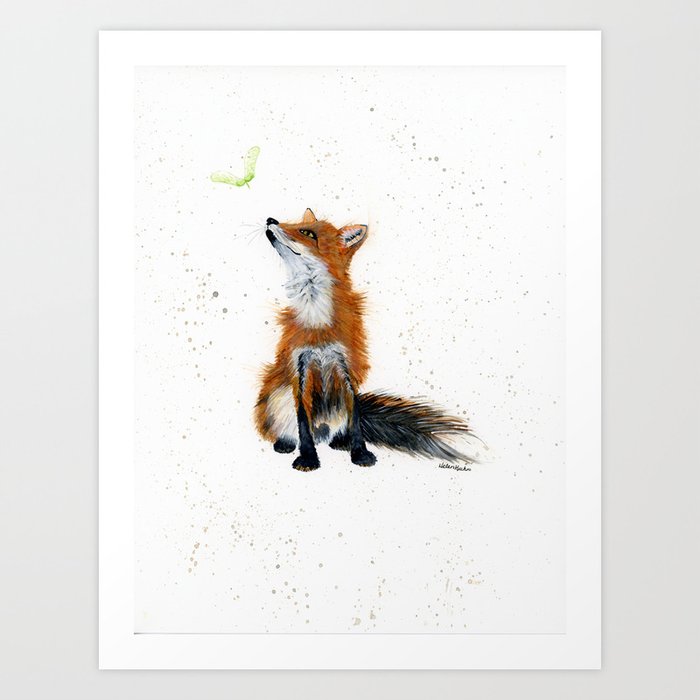 Maple Key Fox Animal Watercolor Painting Art Print By