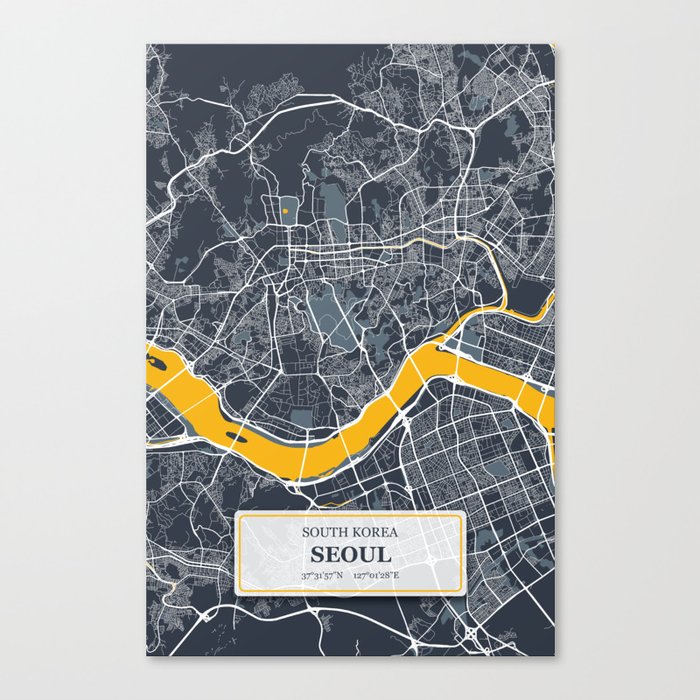Seoul South Korea City Map with GPS Coordinates Canvas Print by