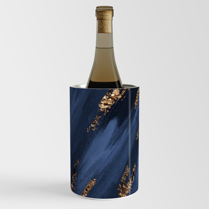 Navy Blue Paint Brushstrokes Gold Foil Wine Chiller