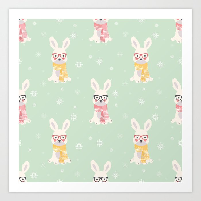 White rabbit Christmas pattern 001 Art Print