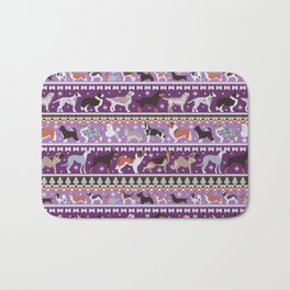 Fluffy and bright fair isle knitting doggie friends // seance purple and east side violet background brown orange white and grey dog breeds  Bath Mat