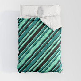 [ Thumbnail: Aquamarine, Teal, and Black Colored Pattern of Stripes Comforter ]