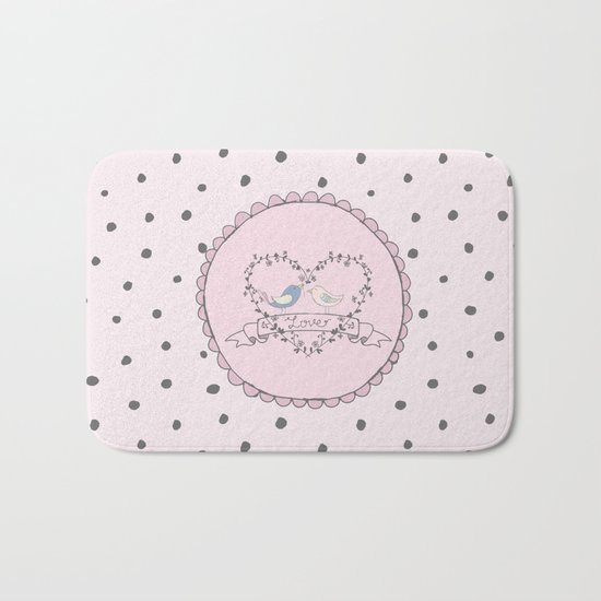 Birds Love- Typography and grey dots on pink backround Bath Mat