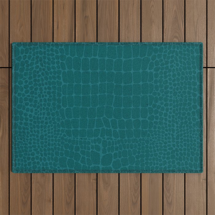 Blue Teal Crocodile Faux Leather Animal Print Outdoor Rug