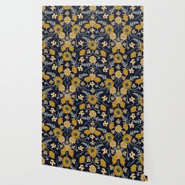 Navy Blue, Turquoise, Cream & Mustard Yellow Dark Floral Pattern Wallpaper