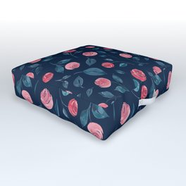 Pink Coral Watercolour Roses with Navy Blue Background Outdoor Floor Cushion