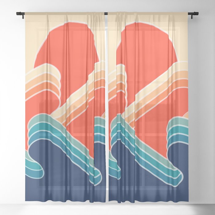 Retro 70s and 80s Color Palette Mid-Century Minimalist Nature Curvy Waves and Sun Abstract Art Sheer Curtain