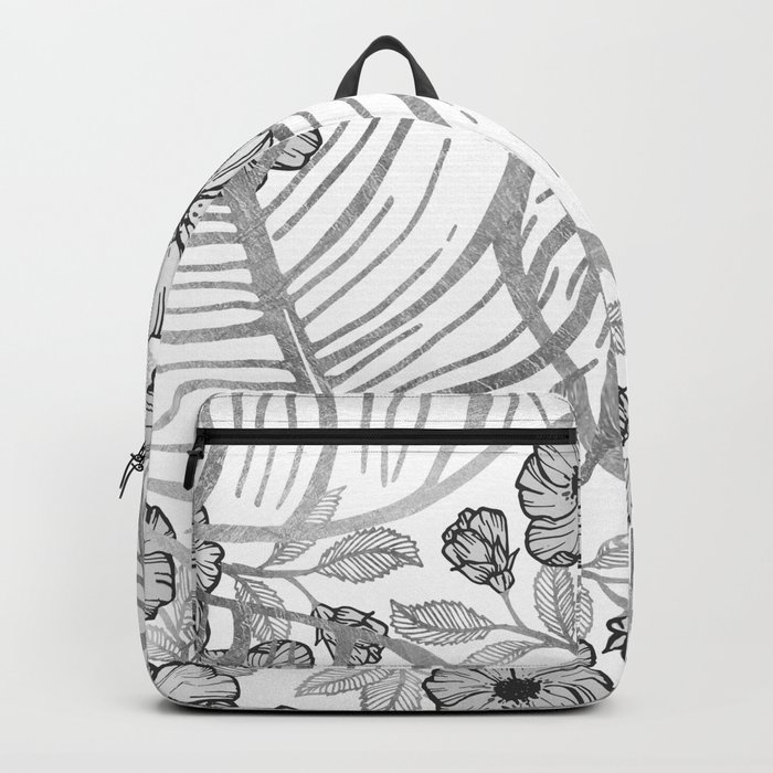 Tropical Black White Silver Monstera Leaves Floral Backpack