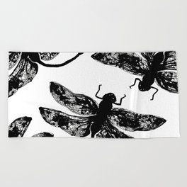black ink dragonflies Beach Towel