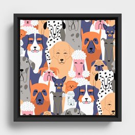 Funny diverse dog crowd character cartoon background Framed Canvas