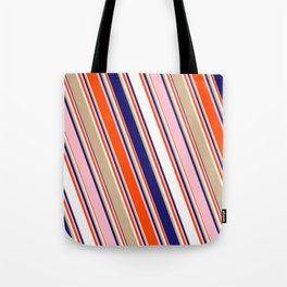 [ Thumbnail: Colorful Red, White, Tan, Midnight Blue, and Pink Colored Lines/Stripes Pattern Tote Bag ]