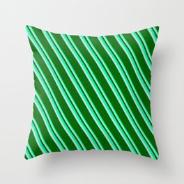 [ Thumbnail: Green, Powder Blue & Dark Green Colored Lines Pattern Throw Pillow ]