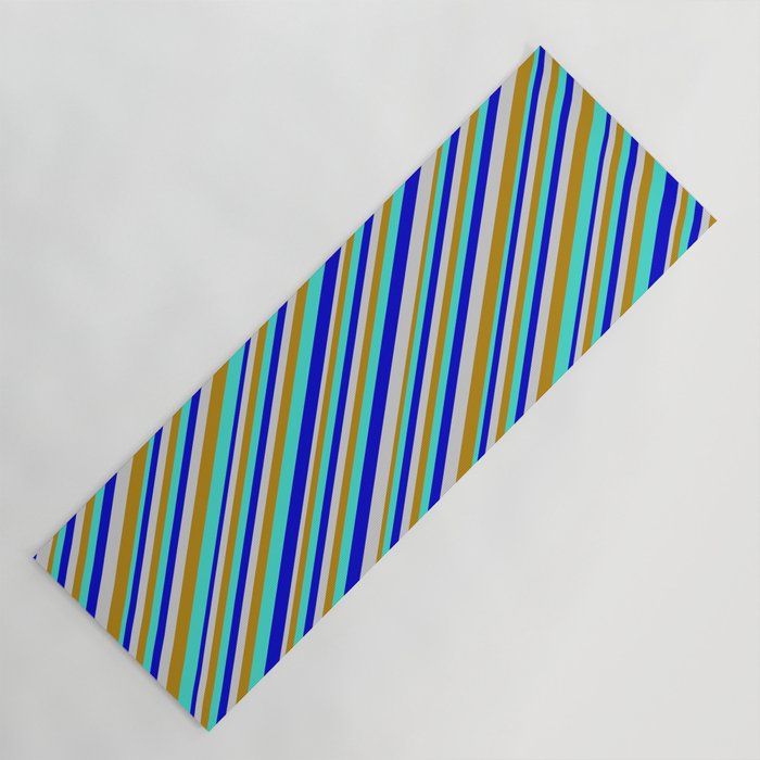 Turquoise, Blue, Light Gray & Dark Goldenrod Colored Pattern of Stripes Yoga Mat