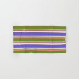 [ Thumbnail: Light Coral, Green, Bisque & Slate Blue Colored Striped/Lined Pattern Hand & Bath Towel ]