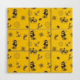 Yellow And Black Silhouettes Of Vintage Nautical Pattern Wood Wall Art