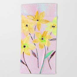 Yellow Flowers Watercolor Floral & Digital Color Enhanced Art Beach Towel