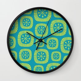 Mid-Century Modern Atomic Abstract Composition 244 Cyan Blue and Chartreuse Green Wall Clock