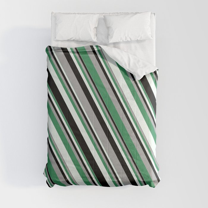 Dark Gray, Sea Green, Mint Cream, and Black Colored Stripes/Lines Pattern Comforter