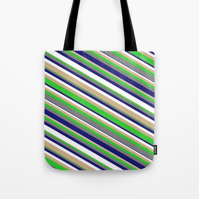 Eyecatching Tan, Lime Green, Grey, Midnight Blue & White Colored Lines Pattern Tote Bag