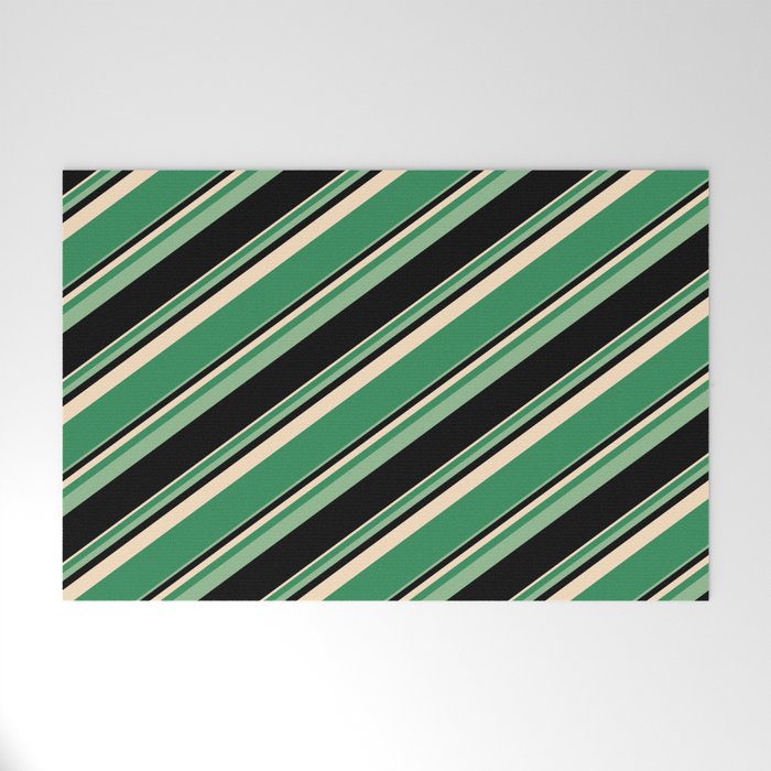 Bisque, Sea Green, Dark Sea Green, and Black Colored Lined Pattern Welcome Mat