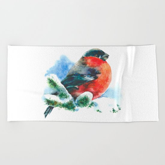 Christmas watercolor bullfinch Beach Towel